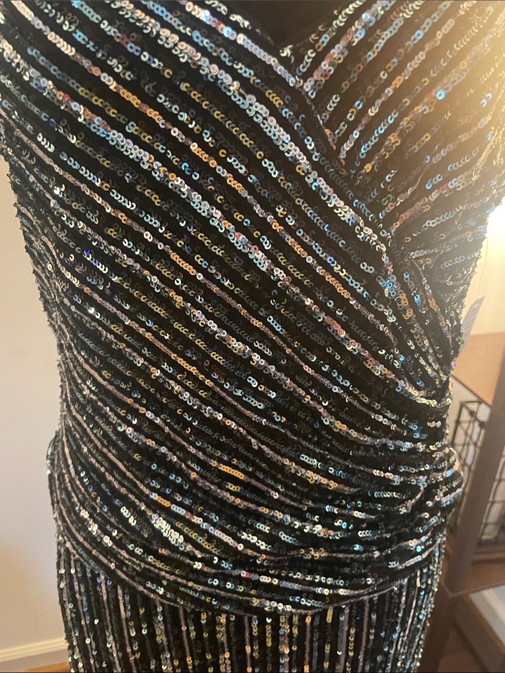 R&M Richards Black Iridescent Sequin V-Neck Prom Dress